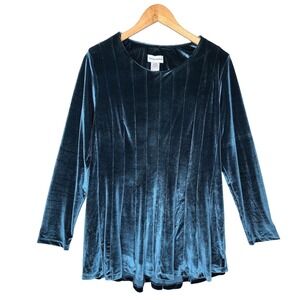Soft Surroundings Teal Blue Velvet Pleated Tunic Top Long Sleeve Womens Large